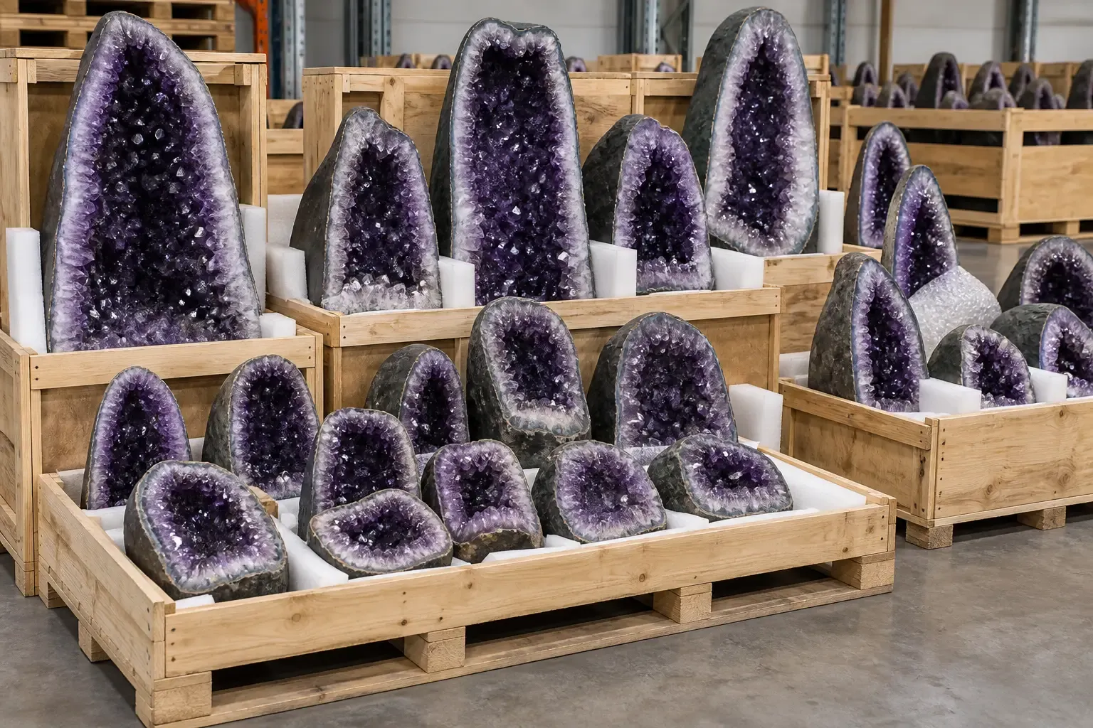 Amethyst geodes prepared for wholesale export